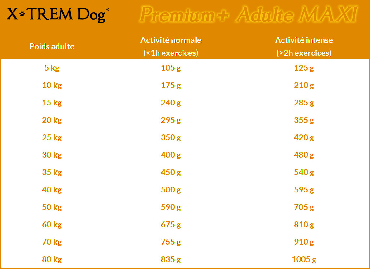 Ration journalière recommandée X-TREM Dog PREMIUM+ adulte maxi