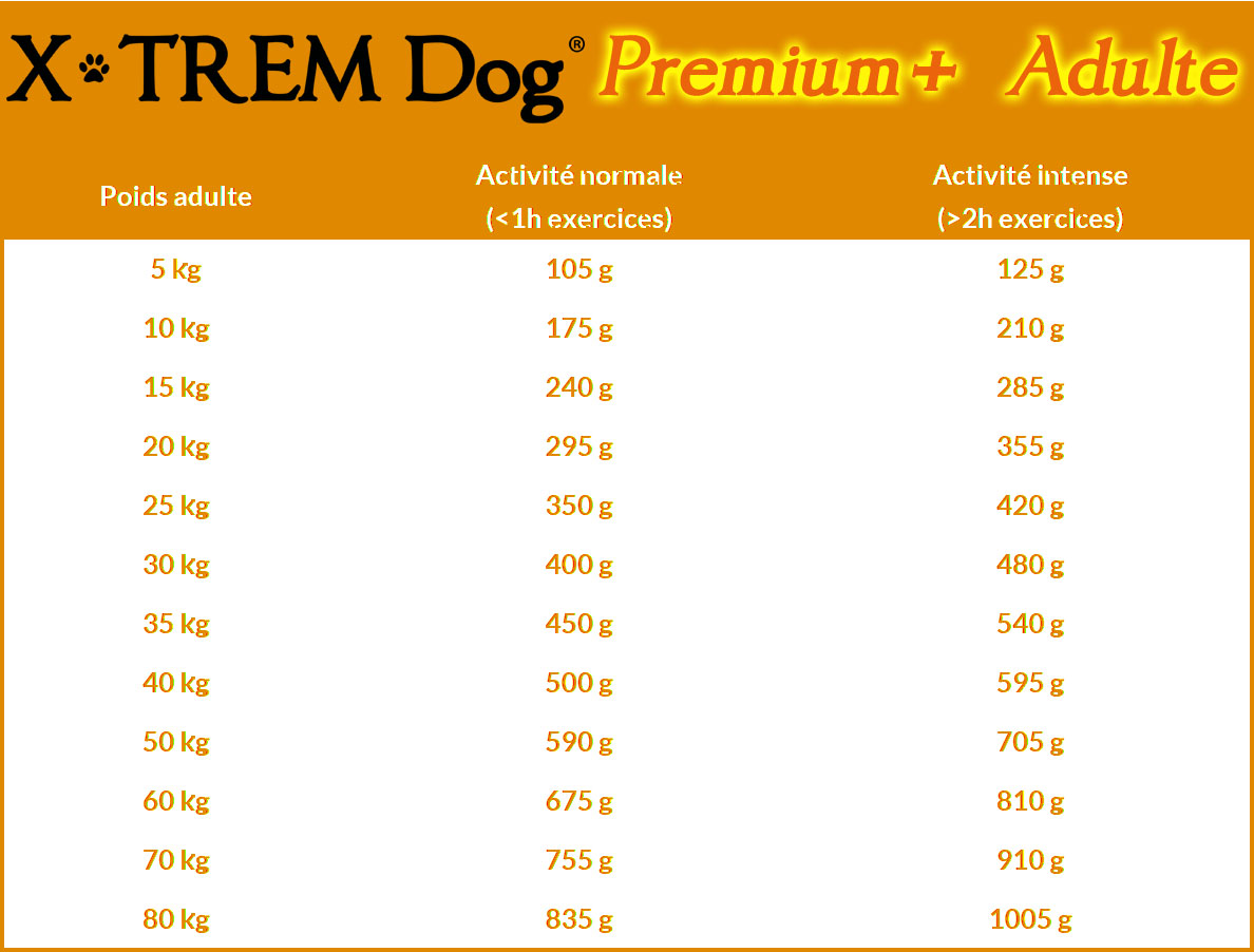 Ration journalière recommandée X-TREM Dog PREMIUM+ Adulte